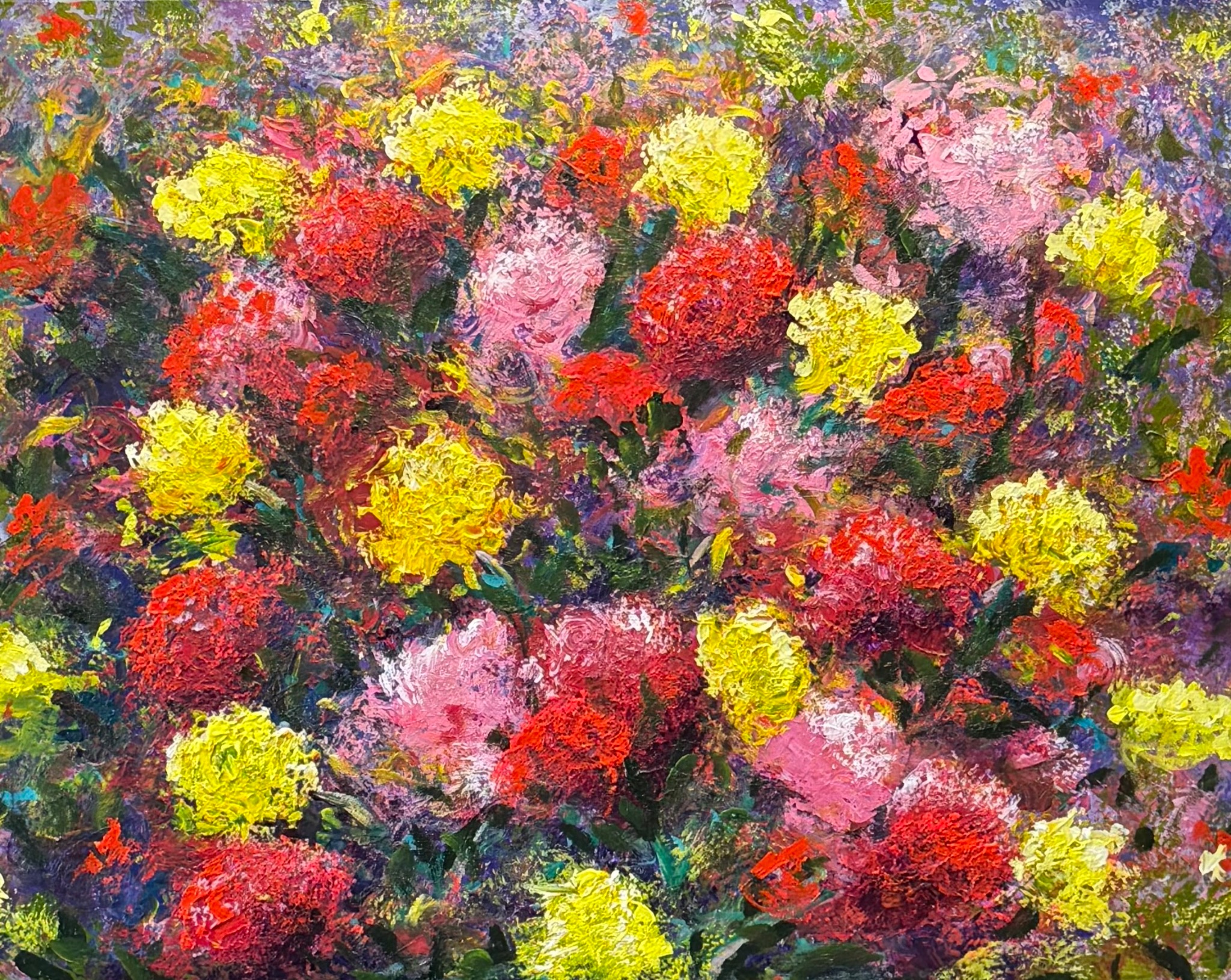 Textured abstract artwork with vivid yellow, pink, and red forms against a multicolored background