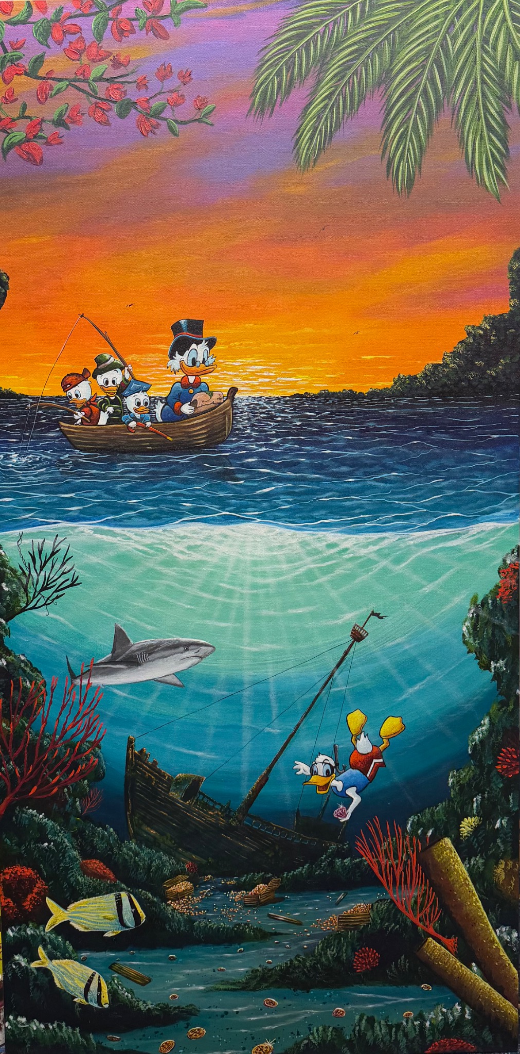 Above and below water scene with cartoon characters and marine life